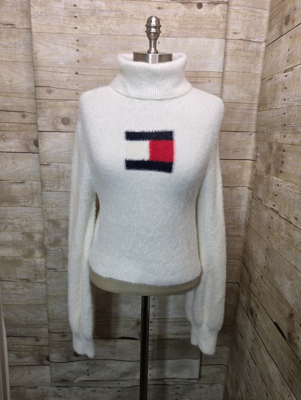 Tommy Hilfiger White Turtleneck Sweater with Navy and Red Logo